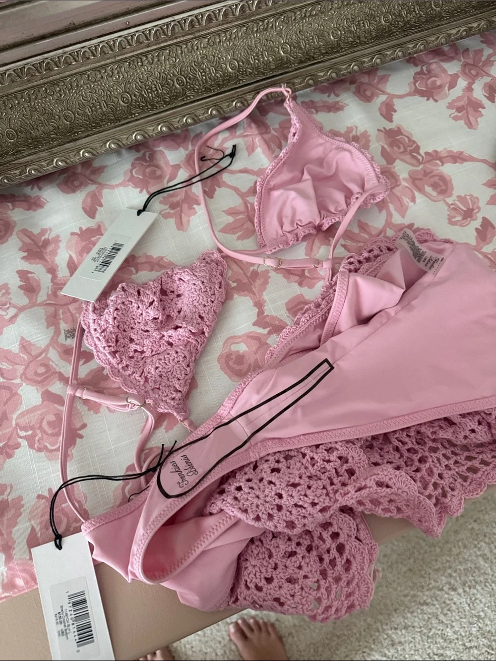 Frankie's Bikinis Pink Crochet Triangle Bikini Top & Mini Skirt Set